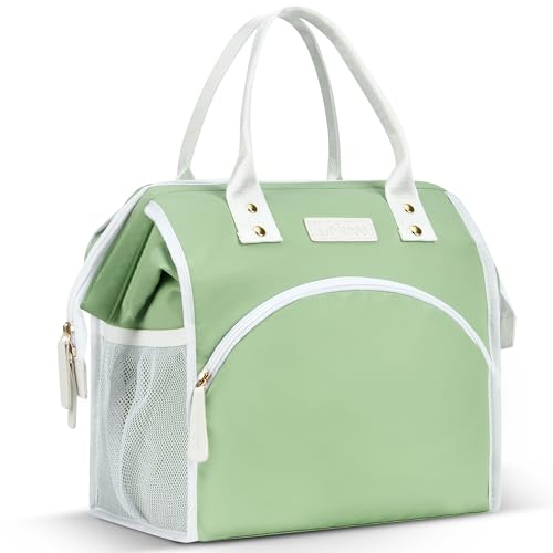 LOKASS Lunch Bag Women Insulated Lunch Box Wide-Open Lunch Tote Bag Large Waterproof Cooler Bag for Work Picnic Hiking Beach（Green）