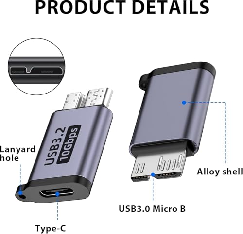 Image of Tobo USB C to Micro B Adapter 10Gbps, 1 Pack, Compatible for Micro USB 3.0 Devices, Supports USB3.2(10Gbps), Plug-and-Play, Easy to Carry, Secure Connection, Includes Strap TD-1173TC
