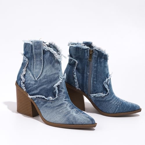 Women'S Denim Pointed Toe High Block Heel Western Boots Fashion Closed Toe Handmade Side Zipper Chunky Heels Booties Leisure Business Parties Ankle Boots2