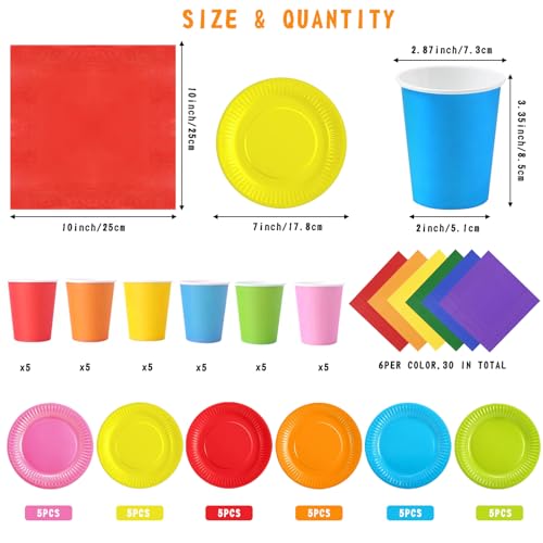 90 Pack Colorful Party Paper Plates Cups Napkins, Rainbow Party Tableware Set Multicolor Dinner Plates Luncheon Cocktail Napkins 250ml Paper Cups for DIY Birthday Holiday
