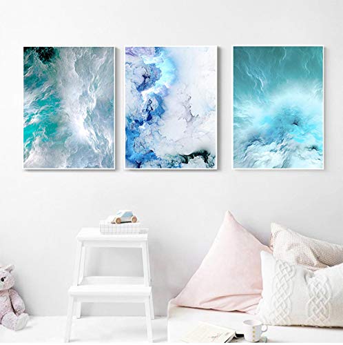Onda de marmol azul en lienzo abstracto moderno juego de 3 laminas de pared estilo nordico