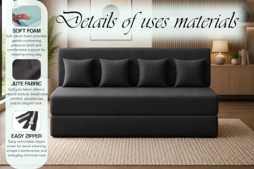 Image of Sofa Cum Bed with Jute Fabric, Convertible Four Seater Sofa Bed 6x6 Ft, Comfortable Cushioned Seating, Space Saving Design for Living Room, Bedroom & Guest Room - Black Color