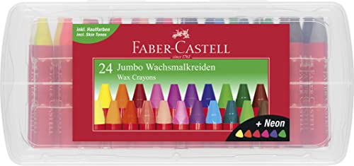 FABER-CASTELL 120034 - Wachsmalkreiden Jumbo 24er Box, inklusive Neon-Farben und Hautfarbe