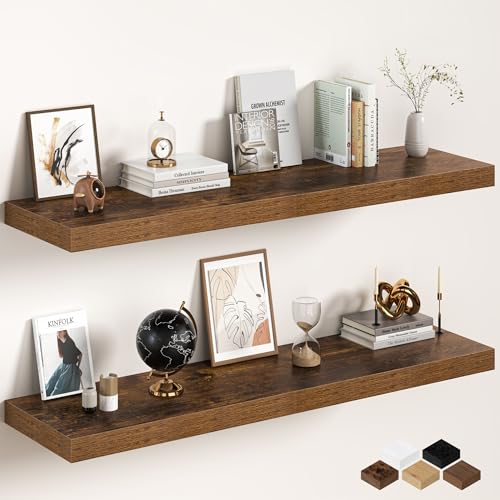 Image of Floating Shelves 55Inch Long, 12 Inch Deep Floating Shelves for Wall, 55 x 12 Large Floating Shelf for Fireplace Mantel, 2 inch Thicked Wall Shelf for Living Room, Bedroom Storage, Rustic Brown, 2 Packs