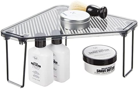 mDesign Bathroom Corner Shelf  Foldable and Stackable Freestanding Shelf  Bathroom Storage for Cosmetic Items and Toiletries  Smoke Grey/Black