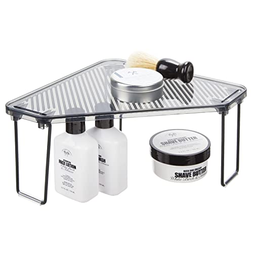 mDesign Steel Foldable Corner Stackable Rack Cosmetics Organization, Makeup Storage Organizer Shelf for Bathroom Vanity, Kitchen, Countertop, Sink Cabinet, Ligne Collection - Black/Smoke Gray
