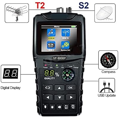 TV Signal Strength Meter, VF 6800P Satellite Finder DVB-T2 DVB-S2 DVB-C MPEG4 Digital Sat Finder Meter 2.4 Inch LCD HD for TV Tuner,Camping Essentials