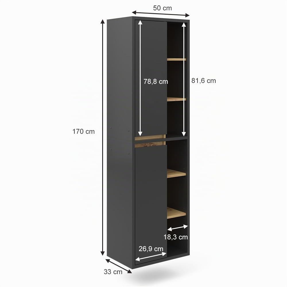 Vicco Armadio per il bagno Viola, Antracite, 50 x 170 cm con ante e vani a giorno, adatto al montaggio a parete e combinabile con altri mobili Viola