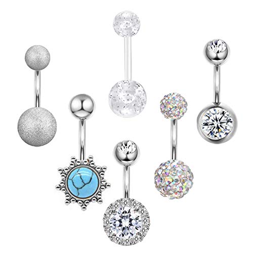 CZCCZC 14G Stainless Steel Belly Button Rings Marble Stone for Women Girls Natutal Mixed Stone Navel Rings Body Piercing Jewelry (6pcs style3)