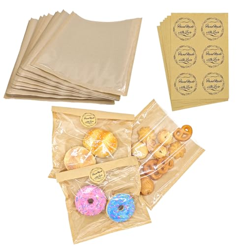 HALOMOUNT 40 Pack Bakery Bags with Window, 7.3x7.9 Inch Kraft Paper Food Bags for Cookies, Donut, Egg Sandwich, Waffle Cake Packaging