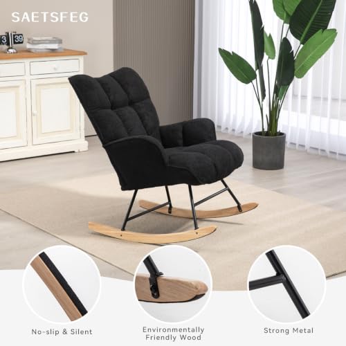 Image of SAETSFEG Rocking Chair Nursery Teddy Upholstered Glider Rocker Rocking Accent Chair Padded Seat with High Backrest Armchair Comfy Side Chair for Living Room Bedroom Offices (Black Teddy)