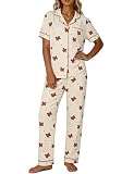 SWOMOG Women's 2 Piece Pajama Sets Shorts Sleeve Pajamas Cute Pj Set Lounge Matching Pjs Button Shirt with Long Pants Beige Bear Medium