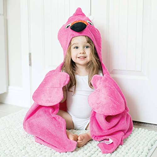 Image of ZOOCCHINI Hooded Bath Towel for Kids 100% Cotton Terry, Plush & Absorbent for Bathtime or Pool, 50 inch x 22 inch 2-6 Years, Franny the Flamingo