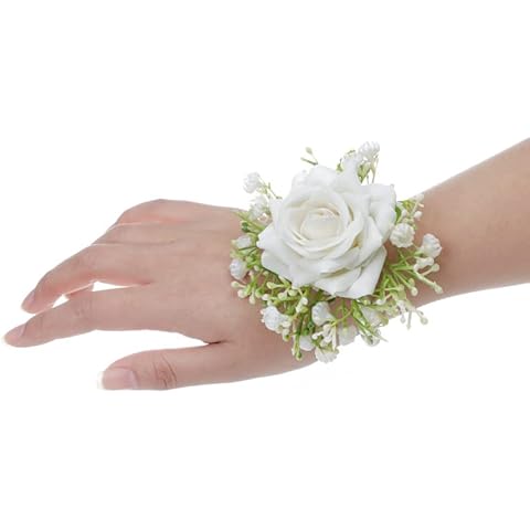 Guqqeuc Rose Wrist Corsage with Stretch Pearl Bracelet for Bridesmaid Flower Wrist Wristband for Girls Wedding Corsage Hand Flower for Wedding Prom Decorations Cover
