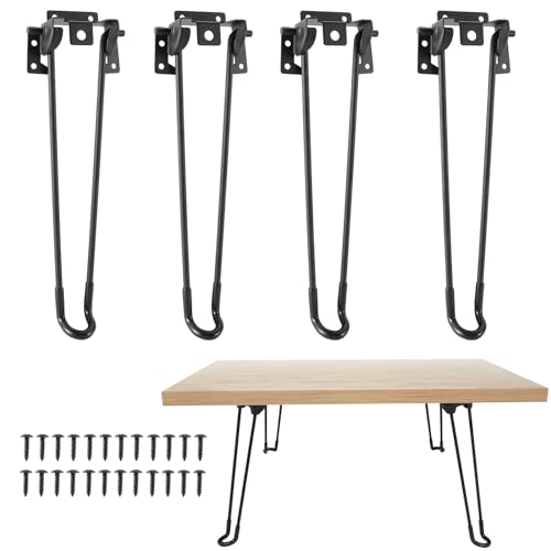 NATGAI Foldable Hairpin Table Legs, 4Pcs 12.6\" Heavy Duty Metal Folding Furniture Legs for Home DIY Projects, With Screws & Rubber Pads, Black