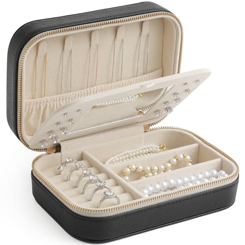 Image of Genuine Leather Travel Jewelry Organizer Case with Mirror for Women, Small Mini Portable Jewelry Box for Ring Earrings Necklace Bracelet Luxury Gift for Women(Black)