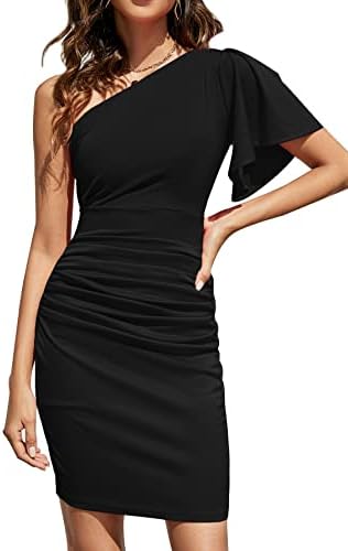 LYANER Women's Ruffle One Shoulder Short Sleeves Ruched Cocktail Bodycon Mini Dress Black Medium