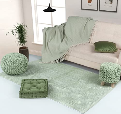 Image of About Home HERRINGBONE Design Cotton Area Rug 4'x6' (120x180 cm) (SAGE GREEN) – EXTRA LARGE Rug Indoor Rug for Living Room, Bedroom - Machine Washable Hand Woven 100% Cotton Floor Carpet