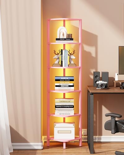 TUTOTAK Corner Shelf with LED Light, 6-Tier Corner Bookshelf for Small Space, Narrow Display Corner Shelf Stand with Storage Rack, for Living Room, Bedroom, Pink BS08BP006L