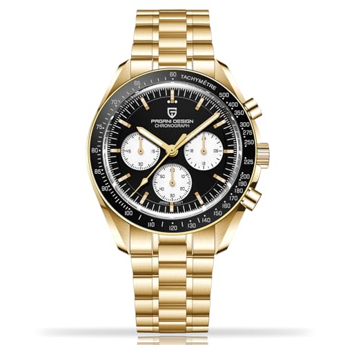 Pagani Design 1701 - Reloj cronógrafo para hombre, movimiento de cuarzo japonés VK63, estilo luna, caja y pulsera de acero inoxidable, vidrio de zafiro, esfera luminosa, 100 m, resistente al agua