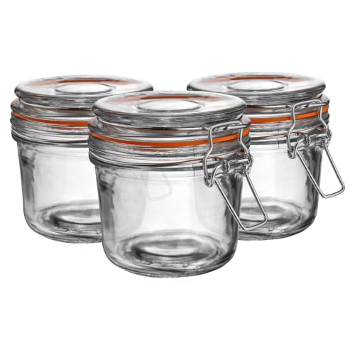Image of Argon Tableware Glass Jars with Airtight Metal Clip Lid - 350ml/12.3oz - 3 Pack - 4 Colour Seals - Medium Kitchen Storage Container Round Preserving Jar for Pickling, Chutney, Jam, Coffee