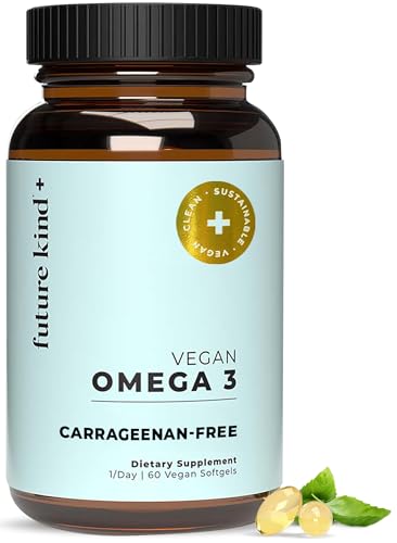 Future Kind vegan omega-3 softgels bottle, 60 count — 500 mg algal oil per softgel with the dose printed