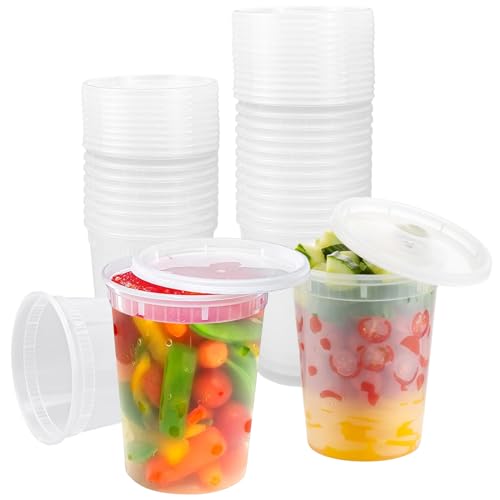 Kleemeiero 50 Vud. Vasos Plastico Duro Reutilizables 960ml, Redondos con Tapa, Vaso Sidra, Envases Sopa, Líquidos Aperitivos Frutas