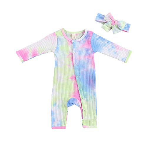 Newborn Baby Girl Boy Long Sleeve Tie Dye Romper Button Jumpsuit One Piece Ribbed Sleeper Pajamas Fall Outfits (E,6-12 Months)