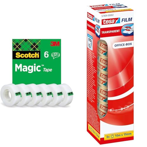 Scotch Magic Tape - 6 Rollen, 19 mm × 33 m - Unsichtbares Klebeband & tesafilm transparent - Transparentes Klebeband mit starker Haftung - alterungsbeständig und reißfest - 10 m x 19 mm - 8er Pack