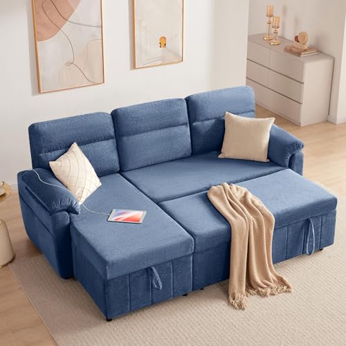 Tbfit 80" Sleeper Sofa Bed, 3 in 1 Cloud Pull Out Sofa Couch with USB & Storage Chaise, Chenille Convertible Sofa Bed with Pull Out Bed, Couches for Living Room, Apartment, Office, Blue