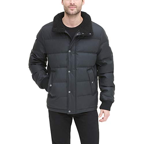 DKNY Men's Faux Leather Sherpa Collar Ultra Loft Puffer Jacket, Black, Large
