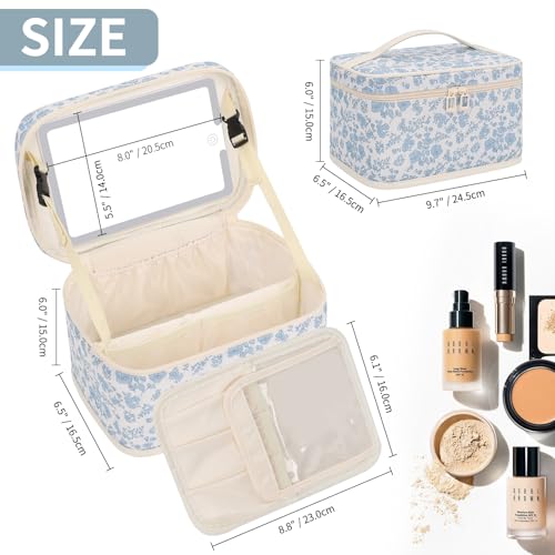 OCHEAL Makeup Bag With LED Mirror, Lightweight Travel Makeup Bag With 3 Color Setting Light Up Mirror Cosmetic Makeup Organizer Vanity Case for Women Beauty Tools Accessories Rechargeable Train Case-Floral