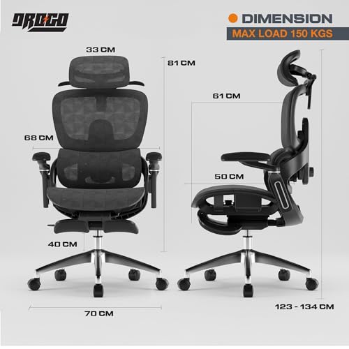 Image of DROGO Ergonomic Office Chair for Work from Home, Chair for Study with Breathable Mesh, Adjustable Seat, 6D Armrest, 4D Headrest & Lumbar Support | Gaming Chair with Footrest & Recline (Black)