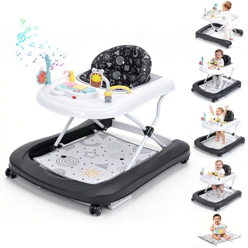 5-in-1 Foldable Baby Walker, U Shaped Push Walker with Ergonomic Seat, Adjustable Height & Rear Wheel Speed, Music Light Early Education Accessory, Portable Activity Center for Baby Boys 5-18 Months