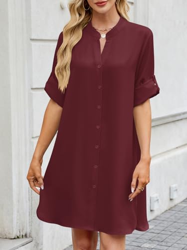 Image of PerZeal Womens Sexy V Neck Button Down Shirt Dresses Summer Short Sleeve Casual Loose Blouses & Button-Down Shifts Cover Ups