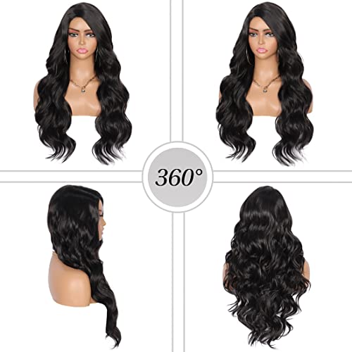 Kalyss 26 Inches Black Synthetic Hair Wigs For Women Right Side Parted Natural Looking Long Body Wavy Curly Wigs Heat Resistant Replacement Wigs #TOP5