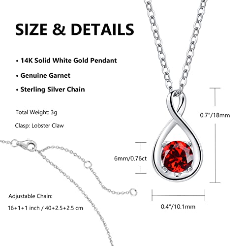 14K Solid White Gold Genuine Garnet Pendant With Sterling Silver Chain Dainty Infinity Necklace January Birthstone Natural Red Gemstone Jewelry Anniversary Birthday Christmas Gifts For Women Girls #TOP6