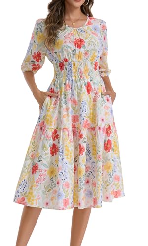Image of Kormei Women Casual Boho Floral Round Neck 3 /4 Sleeve Smocked Waist Tiered A Line Flowy Swing Midi Dress Long Dresses