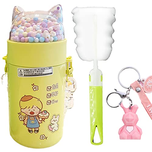 Botella de agua para niña escolar con purpurina brillante termo de acero inoxidable con tapa de lentejuelas para gato, correa de cristal, regalo de cumpleaños (niña amarilla C, 280 ml)