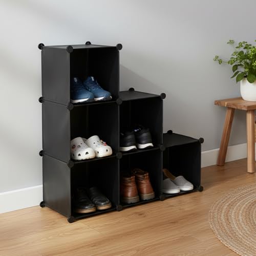 amazon basics Cube Storage Organizer | 6-Cube | 95.5 × 32 × 95.5 cm | Black | PP + Iron | Stackable, Dustproof & Easy Assembly