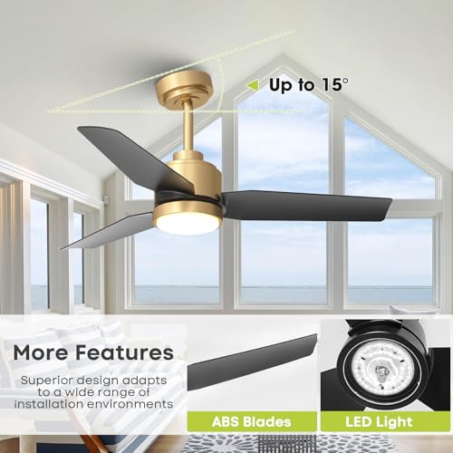 42 Inch Black Ceiling Fans with Lights and Remote/APP, Modern Ceiling Fan for Living Room Outdoor Ceiling Fan 6-Speed Adjustable Reversible DC Motor Timer Noiseless 3CCT Dimmable for Bedroom Office
