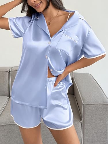 Image of Ekouaer Womens Satin Pajamas Set 2 piece Silky Buttton Down Short Pjs | Silk Notch Collar Top and Soft Shorts Lounge Set for Sleep, Daily Wear, Home, Wedding, Party