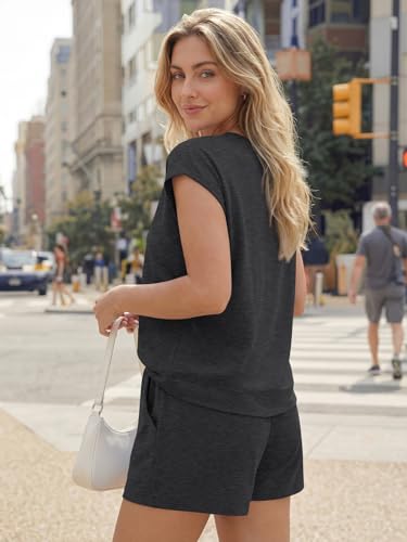 Image of AUTOMET Womens Crew Neck Two Piece Short Sets Cap Sleeve Drawstring Summer Sweatsuit with Pocket