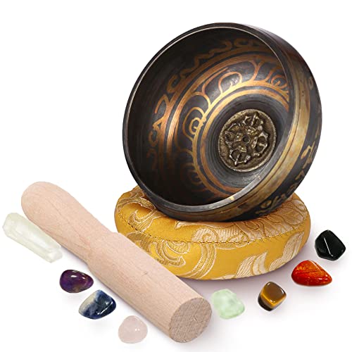 Holzsammlung 3.1'(8.0cm) Bol chantant tibétain et ensemble de cristaux de pierres de guérison Chakra - Bol sonore de méditation fabriqué à la main au Népal pour la pleine conscience