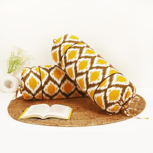 Image of AURAVE Cotton 144 TC Printed Bolster Cover with Drawstring Closure, Set of 2, Soft Breathable Durable Machine Washable for Sofa Bed & Home Decor, 15 inchx30 inch, Mustard | Cover Only