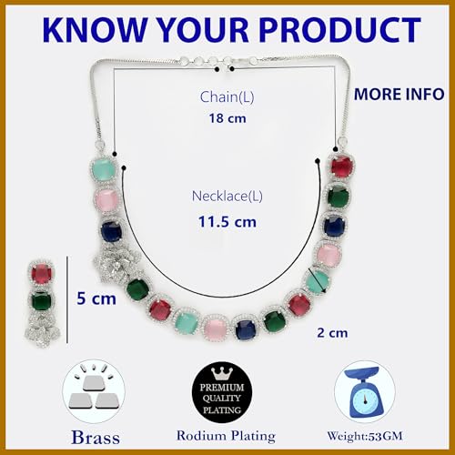 Image of ZENEME Jewellery Set Classic Style Rhodium Plated AD /American Diamond Studded Silver Plated Bejeweled Rose Necklace Jewellery Set for Women & Girls