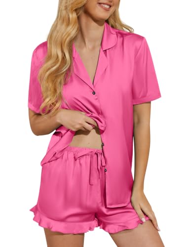 Image of Silk Pajamas for Women Satin Womens Pajama Sets Short Sleeve Set 2-Piece Sleepwear
