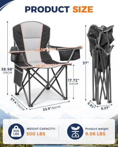 HOPERAN Camping Chair 500lb Folding Lawn Chair for Outside, Balck, 2 Pack