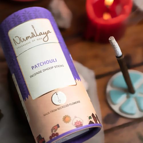 Image of Nirmalaya Premium Bamboo-Less Dhoop Sticks | 100% Natural Organic | with Ceramic Stand | Long-Lasting fragrances for Pooja, Meditation, Yoga and Aromatherapy (Patchouli)