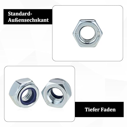 Partideal 50 Stück M6 Muttern Set,Verzinkter Stahl A2 V2A DIN985 Sicherungsmuttern,Selbstsichernde Muttern Sechskantmuttern Sechskantmutter, Sechskant Mutter mit Metrischem Regelgewinde